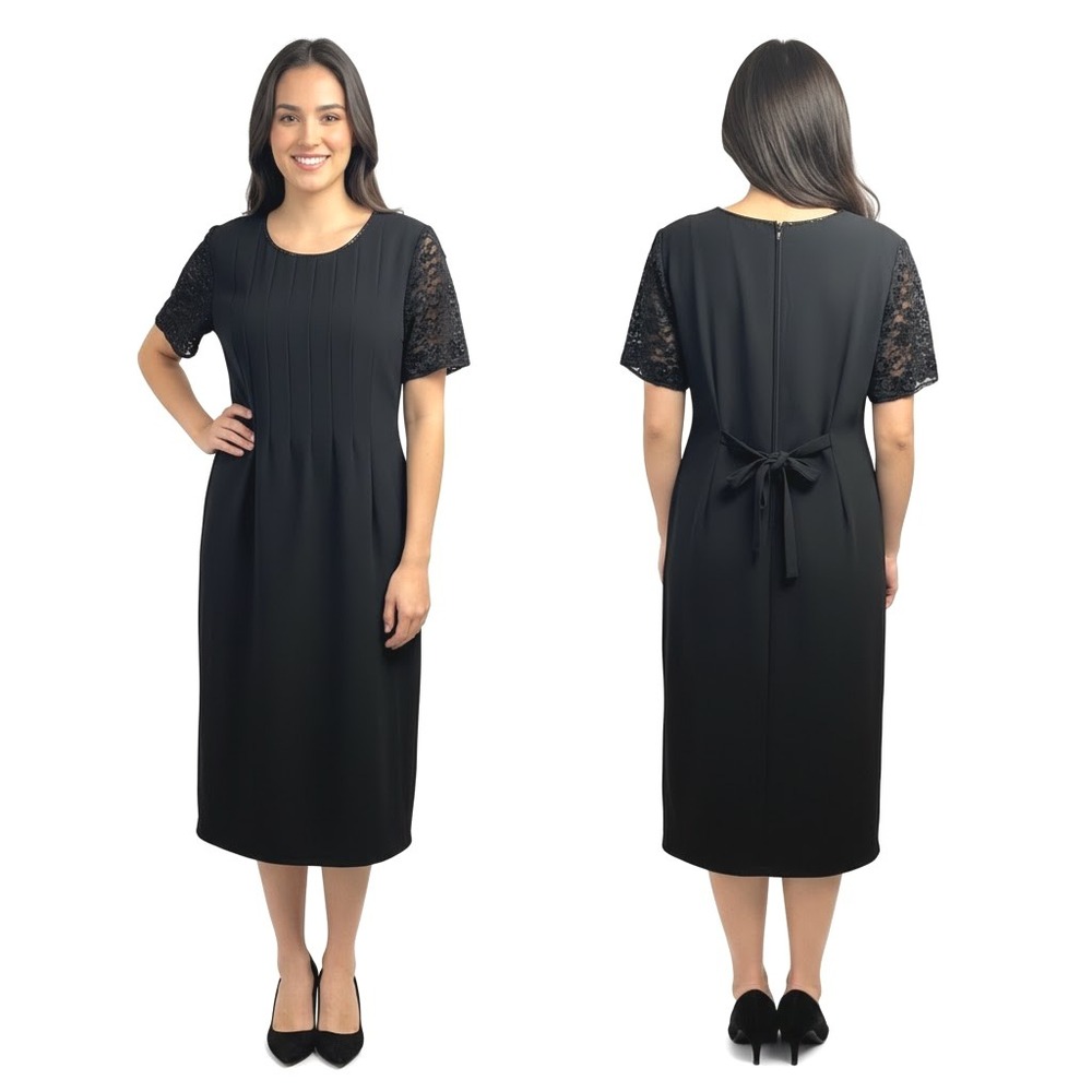 Jessica Howard Black Dress Black 14 Beaded Short Sleeve Pleated Bodice Elegant‎